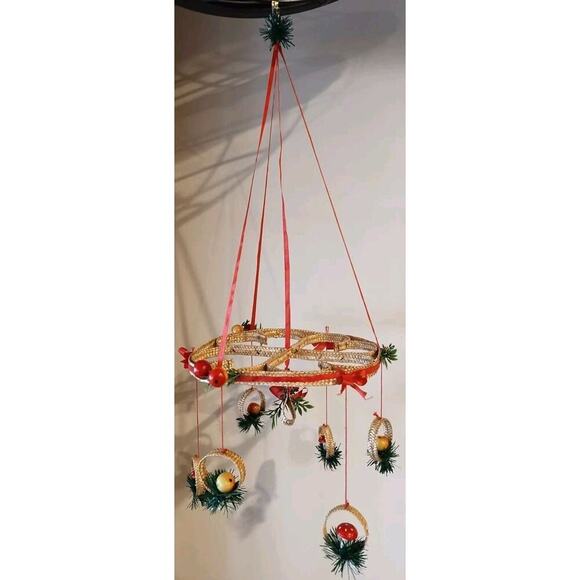 Vintage Woven Wicker Christmas Mobile Mushroom Apple Scandinavian Holiday Decor - Picture 2 of 8